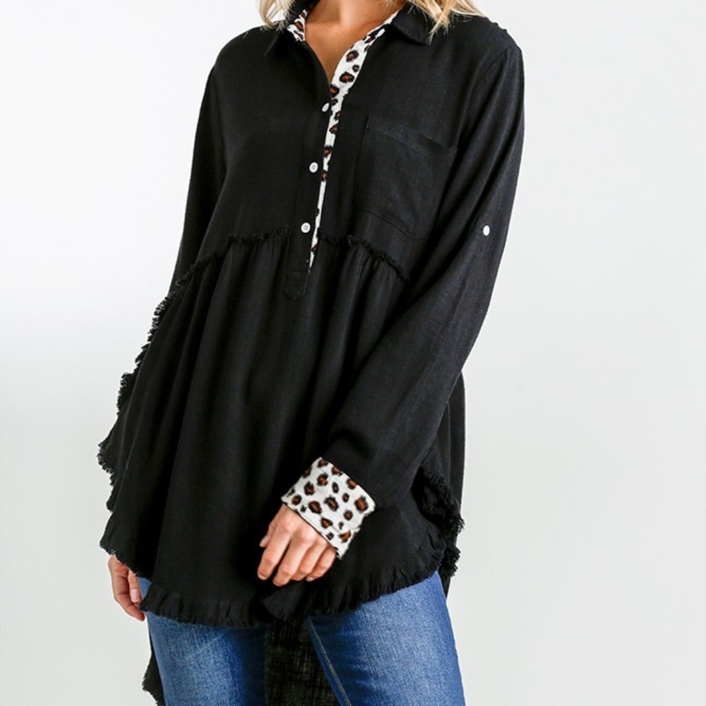 Umgee Black Boho Tunic Top | NWT | Leopard Trim | Hi Low | Sizes S M L - Picture 2 of 9